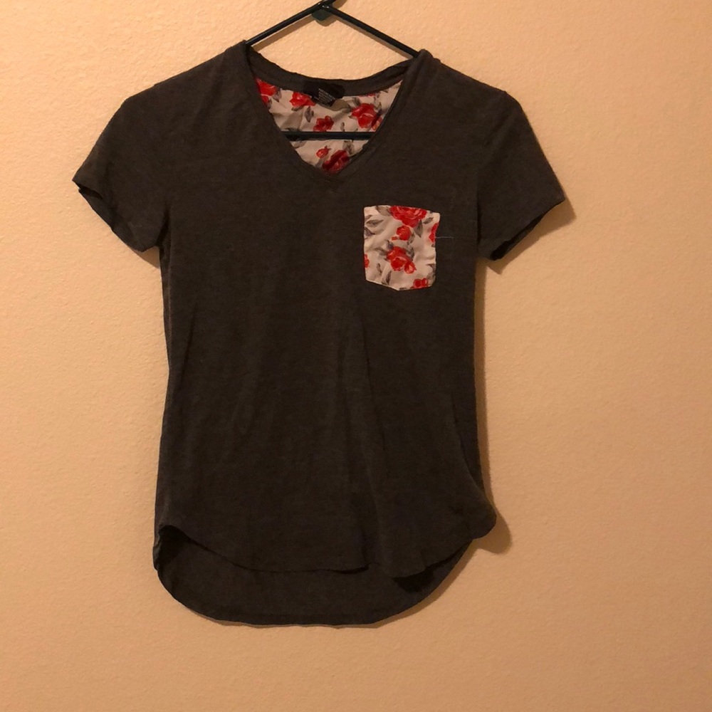 Gray and red vneck shirt